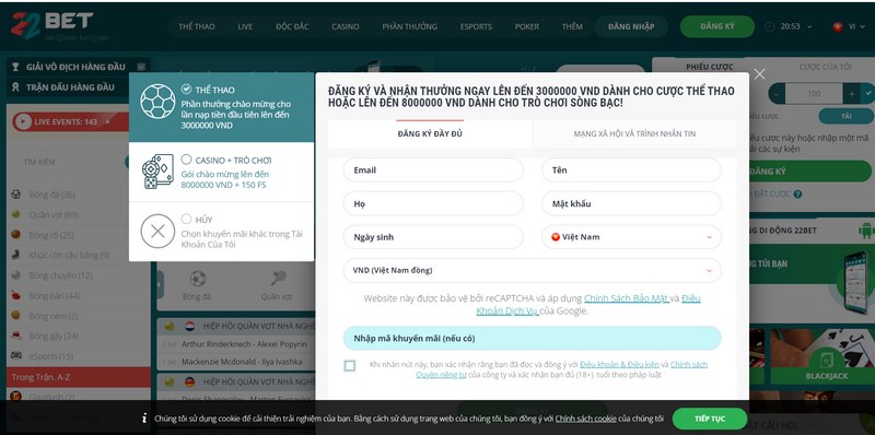 Các Bước Mở Tài Khoản Chơi Tại 22Bet Khá Đơn Giản