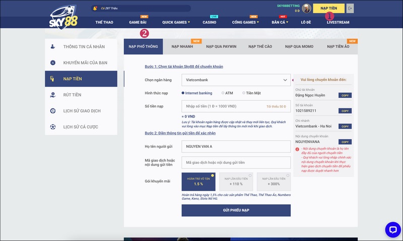 Phương Thức Nạp Tiền Sky88 Được Triển Khai Đa Dạng