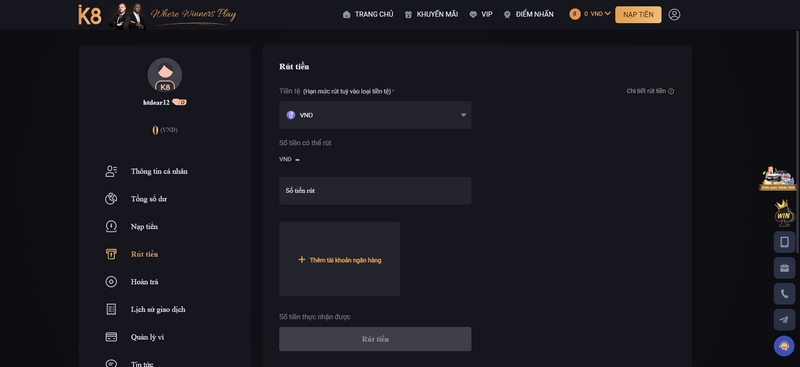 Hướng Dẫn Chi Tiết Các Bước Để Người Chơi Rút Tiền Từ K8